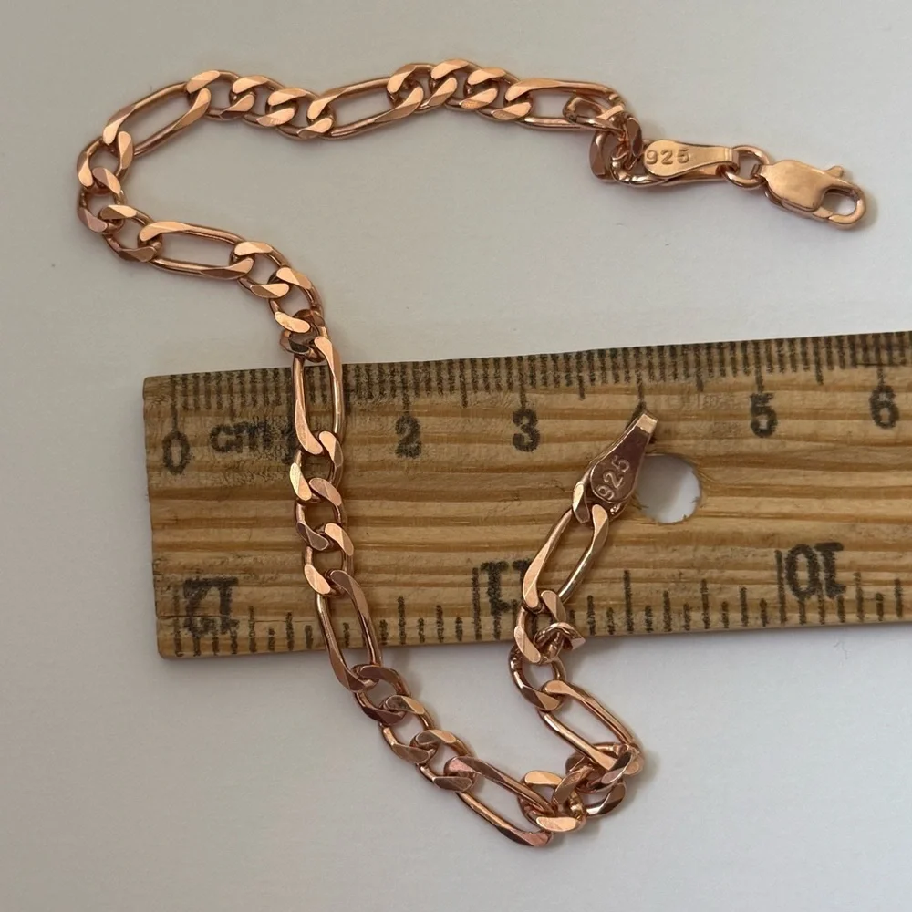 925 Silver 5mm 8.5” bracelet figaro chain 14k rose gold plated unisex